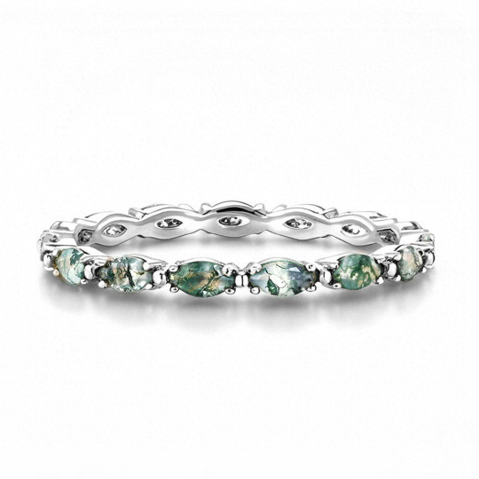 10K White Gold Marquise Cut Moss Agate Wedding Ring