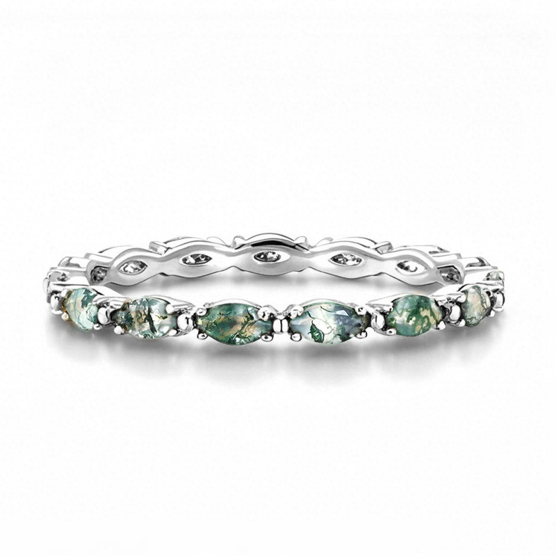 14K White Gold Marquise Cut Moss Agate Wedding Ring-1