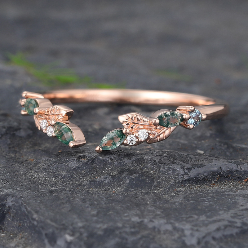 14K White Gold Marquise Cut Moss Agate Wedding Ring-4