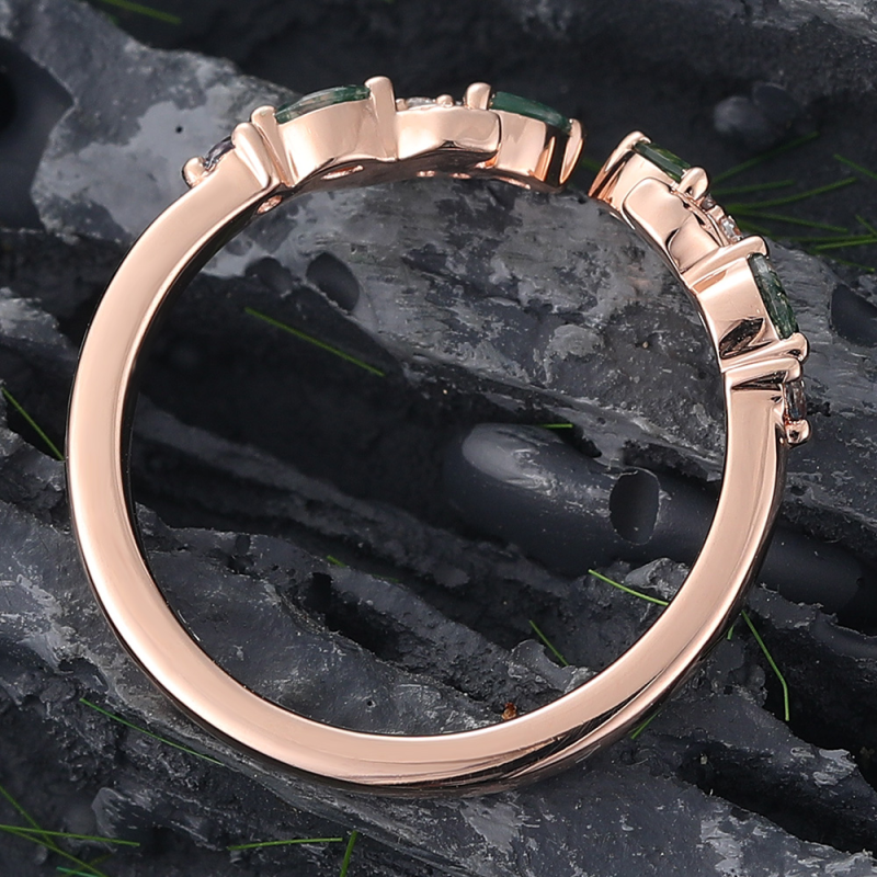 14K White Gold Marquise Cut Moss Agate Wedding Ring-5
