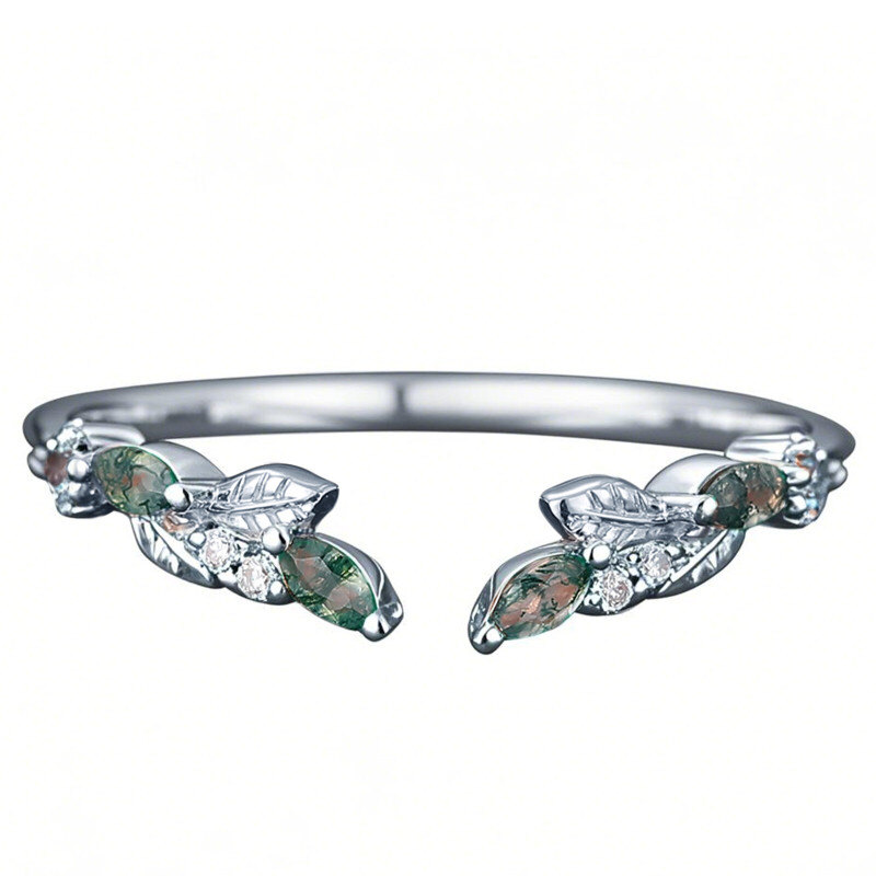 14K White Gold Marquise Cut Moss Agate Wedding Ring-1