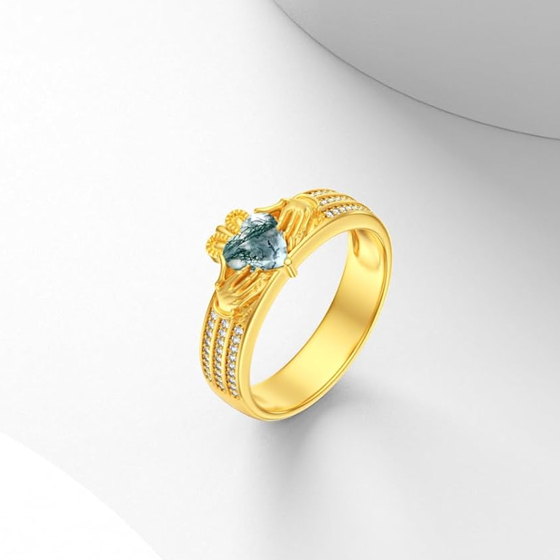 Anillo Claddagh de oro de 10 quilates con forma de corazón y ágata musgosa para mujer-3