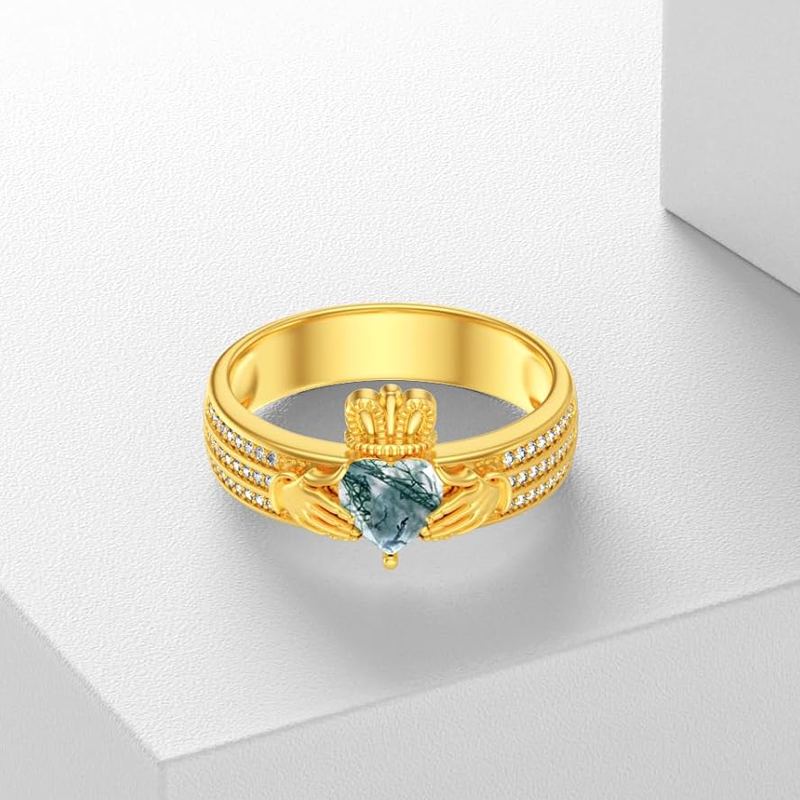 Anillo Claddagh de oro de 10 quilates con forma de corazón y ágata musgosa para mujer-4