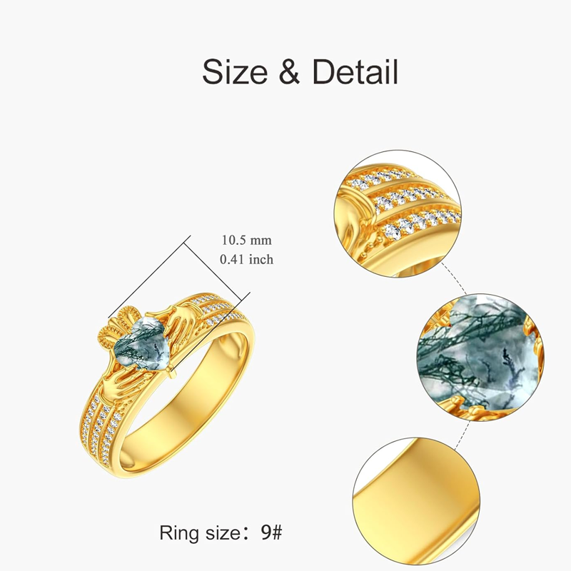 Anillo Claddagh de oro de 10 quilates con forma de corazón y ágata musgosa para mujer-5
