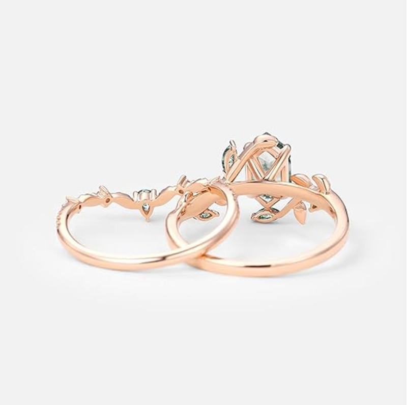 Conjunto nupcial de oro blanco de 10 quilates con ágata musgosa y moissanita, estilo Art Déco, ideal para compromiso o aniversario.-3
