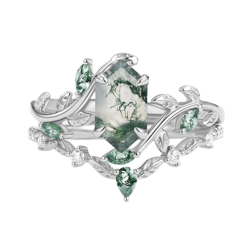 Conjunto nupcial de oro blanco de 10 quilates con ágata musgosa y moissanita, estilo Art Déco, ideal para compromiso o aniversario.-14
