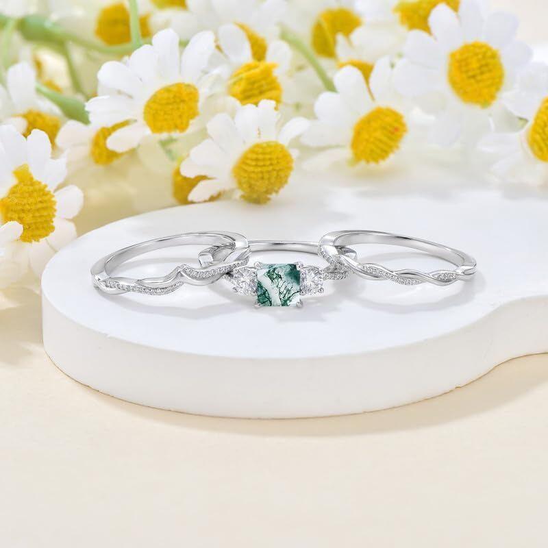 Anillo de ágata musgosa de oro blanco de 10 quilates-4