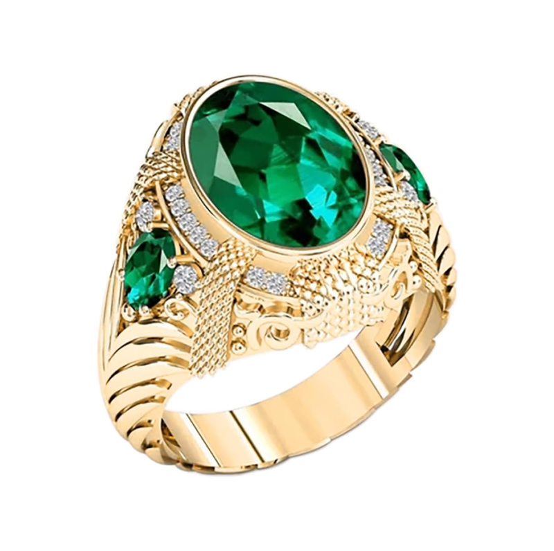 Eleve su estilo con nuestro exquisito anillo para hombres en oro rosa de 18K, diseñado en un elegante estilo halo que presenta un deslumbrante diamante creado en laboratorio como piedra central, hermosamente complementado por vibrantes piedras laterales de esmeralda creadas en laboratorio. Este lujoso anillo combina perfectamente sofisticación con sostenibilidad, siendo una opción ideal para el hombre moderno que aprecia tanto la elegancia atemporal como la artesanía ética.-3