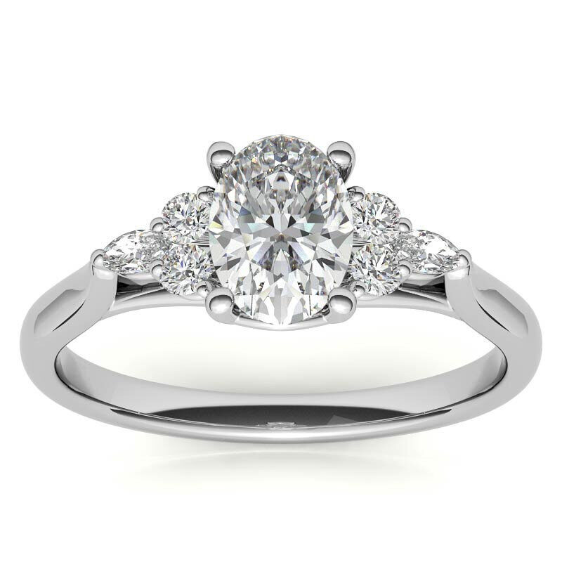 10K White Gold Oval Cut Moissanite Sidestone Engagement Ring-7