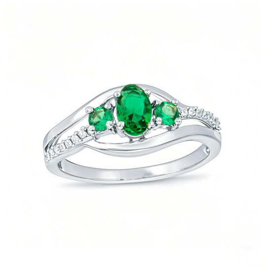 10K White Gold Oval Cut Lab-Created Emerald and 0.05 CT.T.W. Natrual Diamond Three Stone Bypass Engagement Band