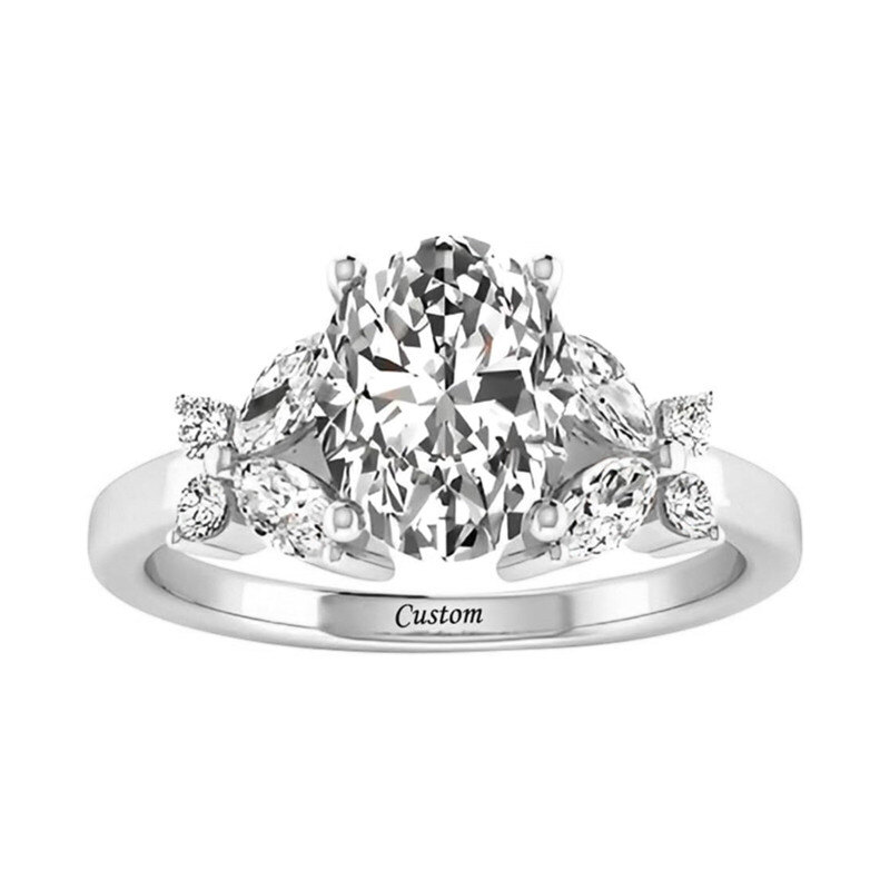 Anillo de compromiso de promesa con mariposa y nombre personalizado en platino con moissanita de talla ovalada-1