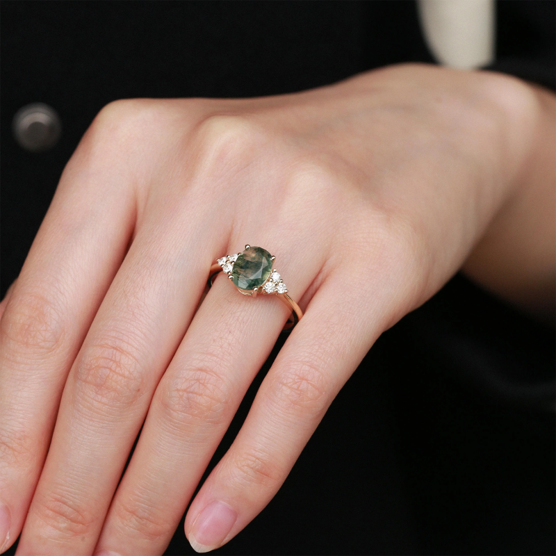 14K Gold Oval Cut Moss Agate Engagement Ring-2