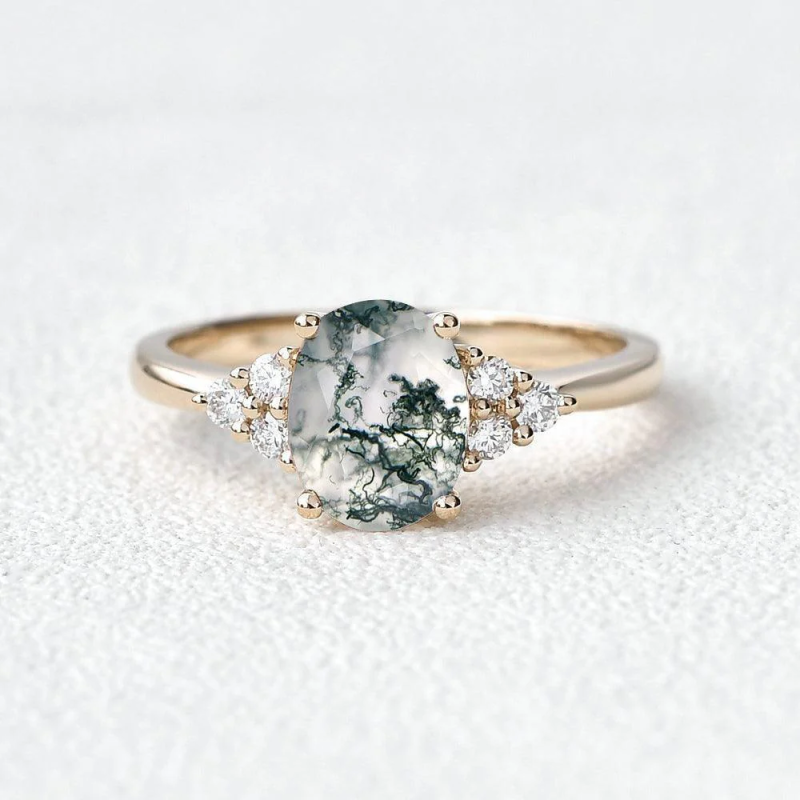 14K Gold Oval Cut Moss Agate Engagement Ring-4