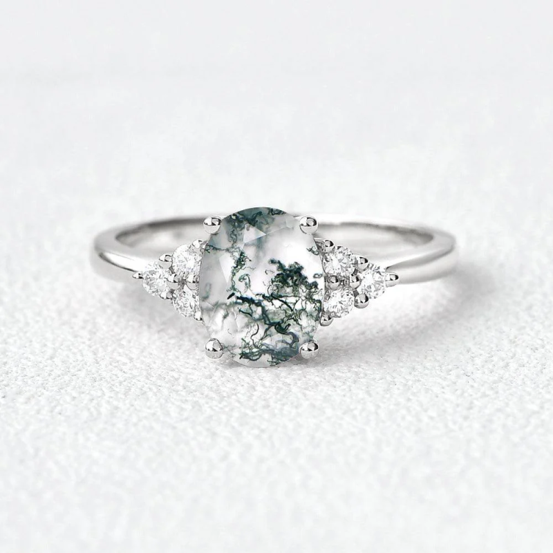 14K Gold Oval Cut Moss Agate Engagement Ring-5