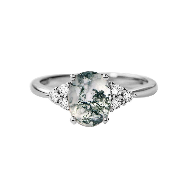 Anillo de compromiso de oro blanco de 14 quilates con ágata musgosa de corte ovalado-1