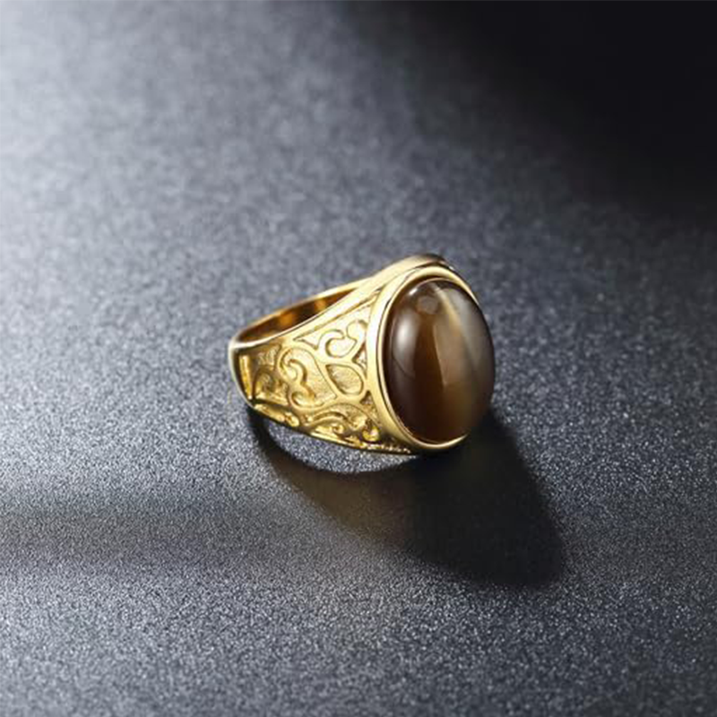 10K White Gold Oval Tiger's Eye Ring for Men-2