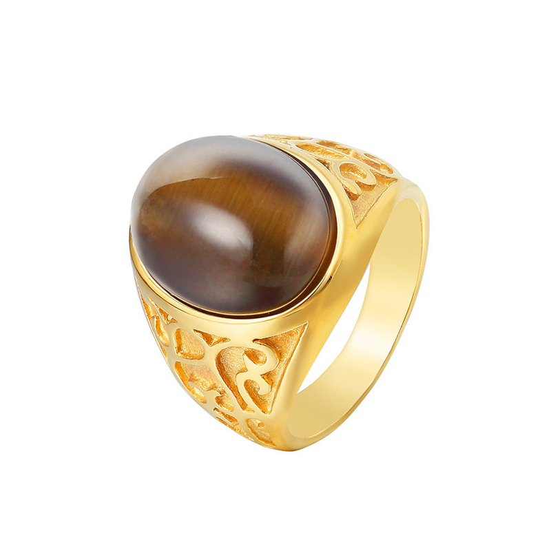 10K White Gold Oval Tiger's Eye Ring for Men-3