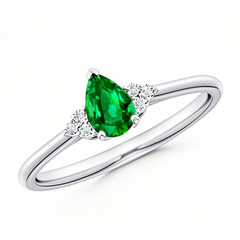 Individueller Verlobungsring aus 10-karätigem Weißgold mit 0,05 ct (0,05 ct) im Labor gezüchteten Diamanten und 1 bis 6 ct (1,6 ct) im Labor gezüchteten Smaragden-1