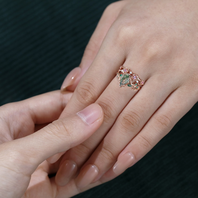 Conjunto nupcial de plata de ley con baño de oro blanco y diseño de flor de la vida en forma de pera con ágata musgosa.-2