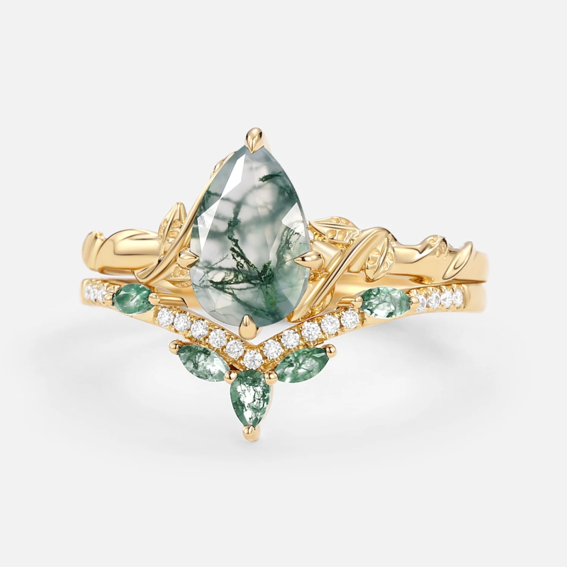 Anillo de oro blanco de 18 quilates con ágata musgosa talla pera y diseño de hojas-3