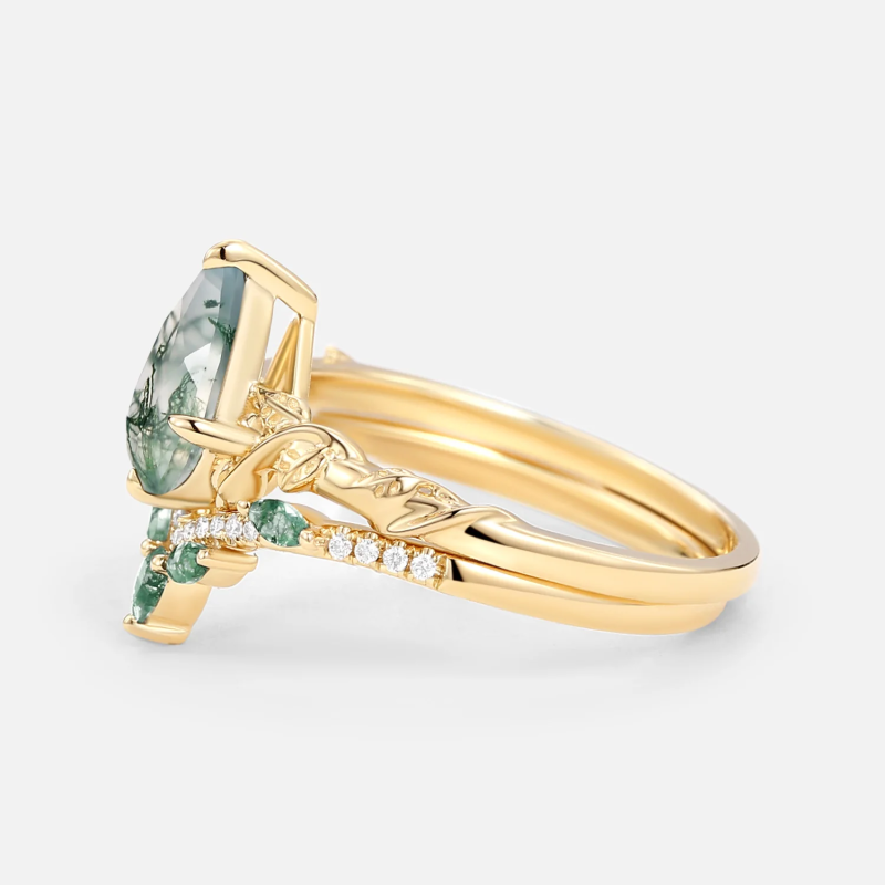 Anillo de oro blanco de 18 quilates con ágata musgosa talla pera y diseño de hojas-4
