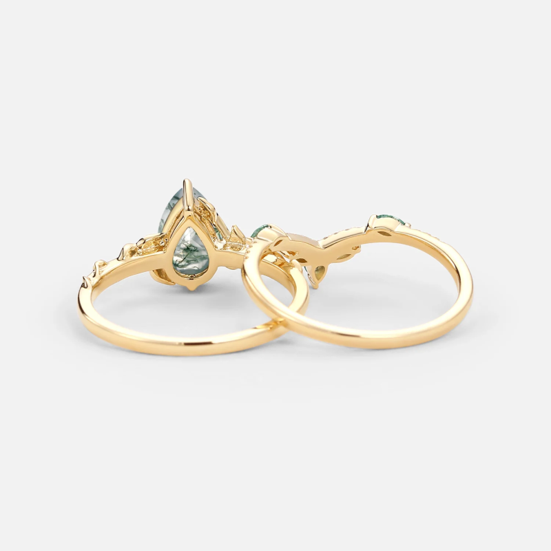 Anillo de oro blanco de 18 quilates con ágata musgosa talla pera y diseño de hojas-5