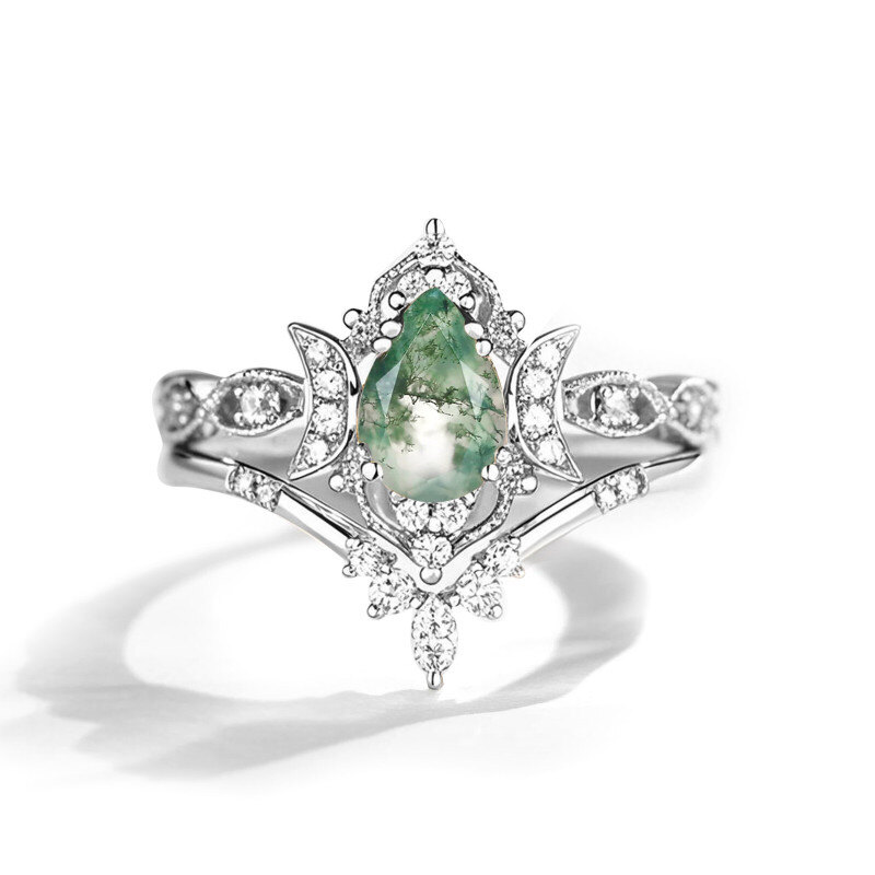10K White Gold Pear Cut Moon Moss Agate Engagement Ring Bridal Set-1