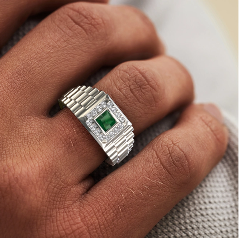 Alianza de boda para hombre en oro blanco de 10 quilates con esmeralda de talla princesa y 0,2 quilates de peso total de diamantes.-3