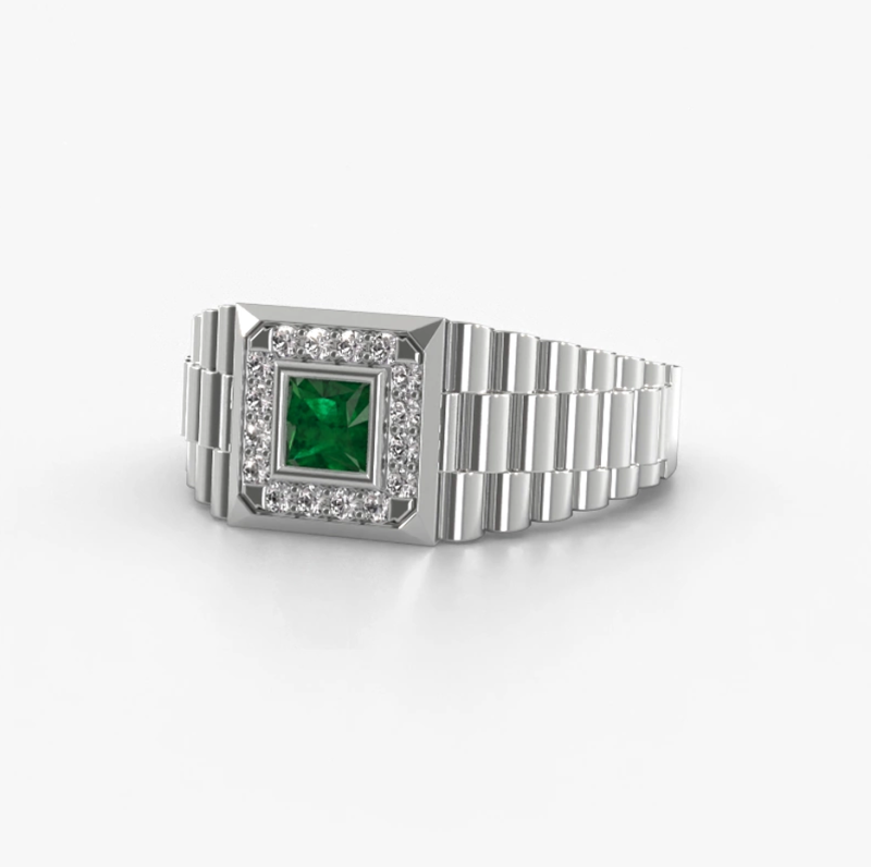 Alianza de boda para hombre en oro blanco de 10 quilates con esmeralda de talla princesa y 0,2 quilates de peso total de diamantes.-5