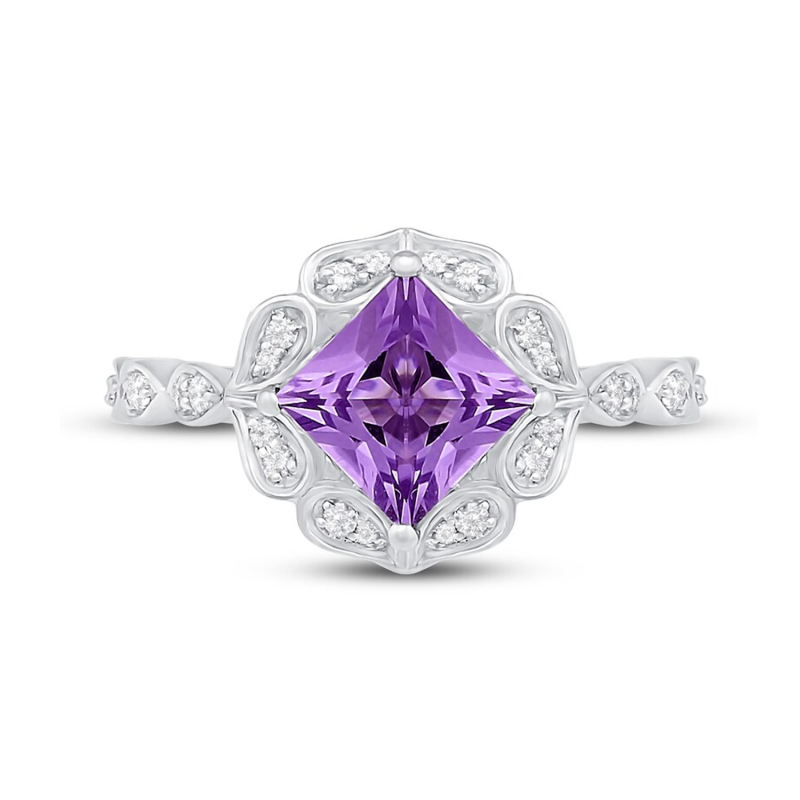 Anillos de compromiso personalizados con gemas y flores de corte princesa en oro blanco de 18 quilates-2