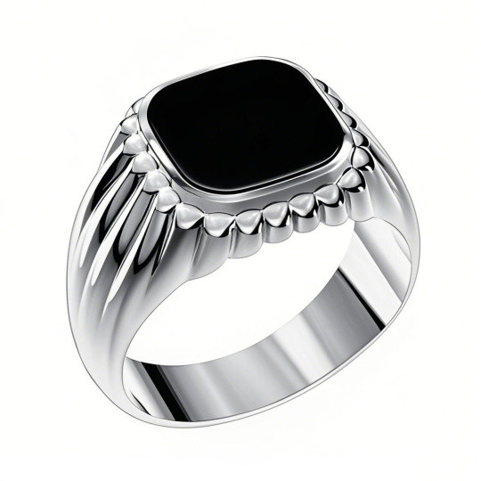 10K White Gold Princess Cut Shaped Black Agate Personalized Engraving & Square Ring for Men