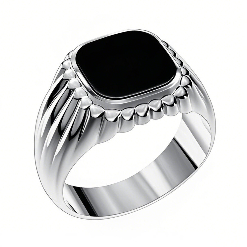 Bague carrée en or blanc 10 carats avec agate noire taille princesse et gravure personnalisée pour homme-20