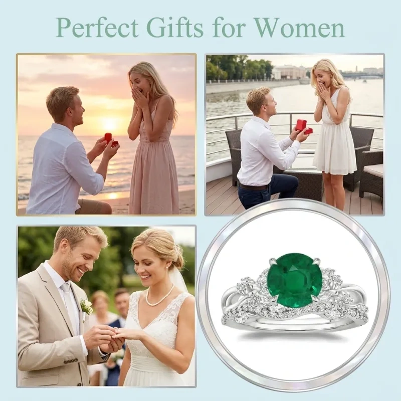 18K White Gold 0.25 CTW Lab-Grown Diamond & 1 to 6 CT Round Cut Lab-Grown Emerald Custom Bridal Set-5