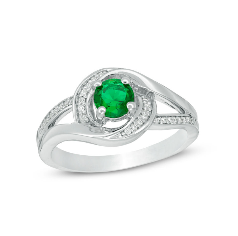 Verlobungsring aus 10-karätigem Weißgold mit rundem Smaragdschliff und 0,1 Karat Gesamtgewicht an natürlichen Diamanten, spiralförmig gefasst und mit geteilter Ringschiene-14