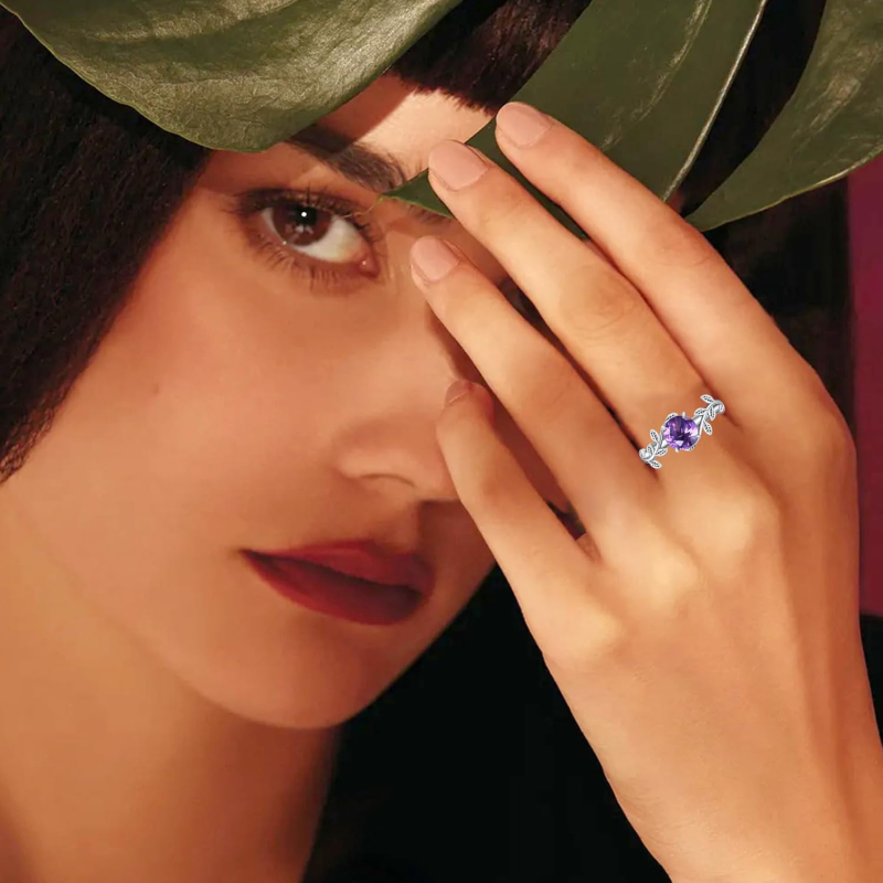 Anillo de compromiso personalizado con gema talla hiedra redonda en oro blanco de 10 quilates-2