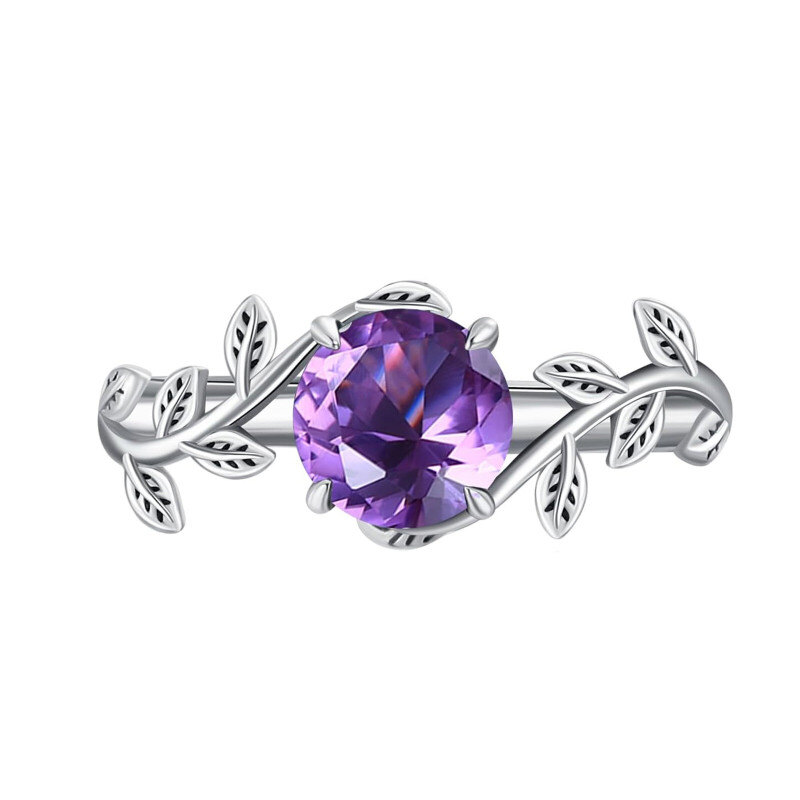 Verlobungsring aus 18-karätigem Weißgold mit rundem Amethyst im Efeu-Design-1