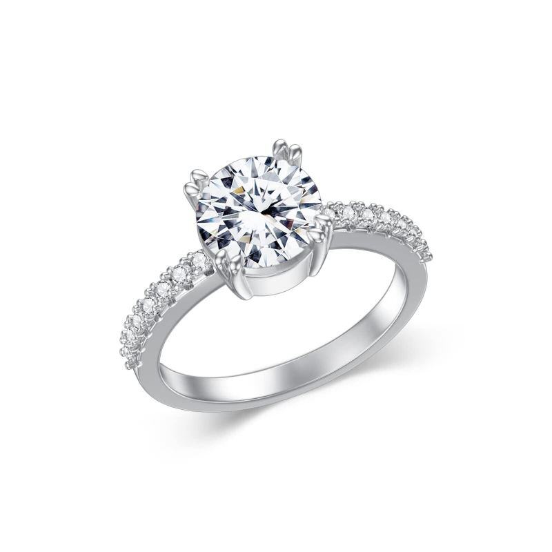 Anillo personalizado de moissanita con diamante de corte redondo creado en laboratorio en oro blanco de 14 quilates con certificación IGI 3EX-3