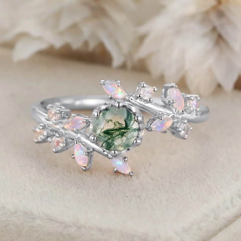 10K Gold Round Cut Leaves Moss Agate Engagement Ring-6