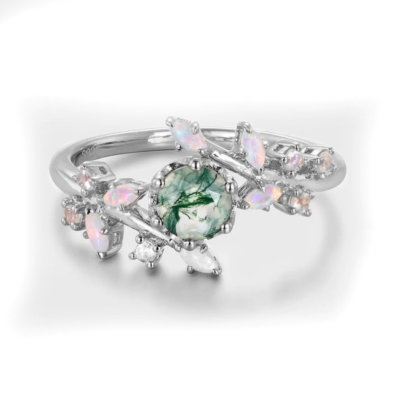 14K White Gold Round Cut Leaves Moss Agate Engagement Ring-1