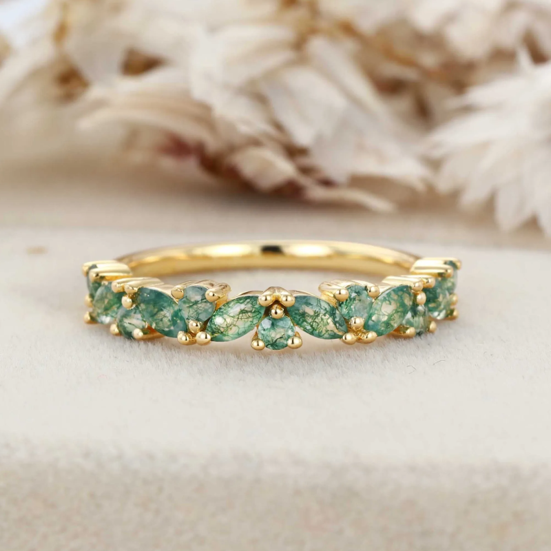 Anillo de boda de plata de ley con baño de oro amarillo y ágata musgosa de talla redonda y marquesa-3