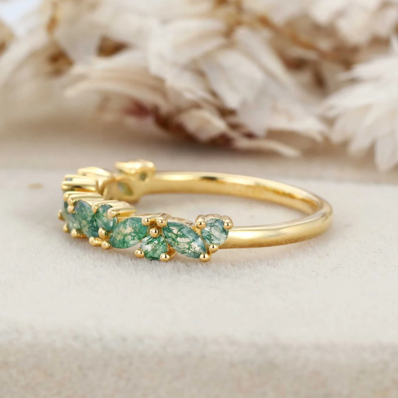 Anillo de boda de plata de ley con baño de oro amarillo y ágata musgosa de talla redonda y marquesa-4