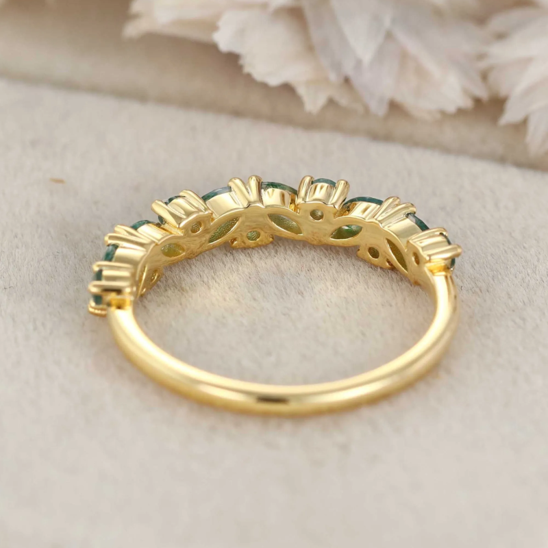 Anillo de boda de plata de ley con baño de oro amarillo y ágata musgosa de talla redonda y marquesa-6