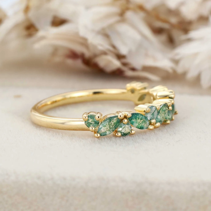 Anillo de boda de plata de ley con baño de oro amarillo y ágata musgosa de talla redonda y marquesa-5