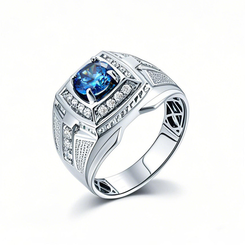 10K White Gold Round Cut Sapphire Moissanite Personalized Engraving Ring for Men-19