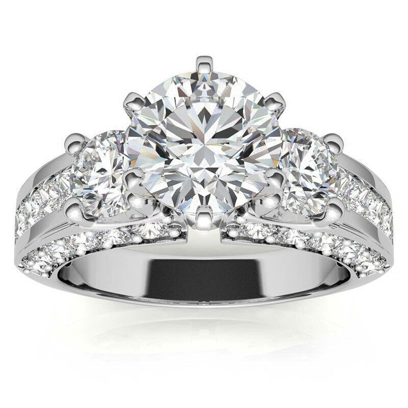 Anillo de compromiso de oro blanco de 10 quilates con tres piedras de moissanita de talla redonda-3