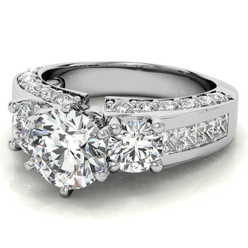 Anillo de compromiso de oro blanco de 10 quilates con tres piedras de moissanita de talla redonda-4