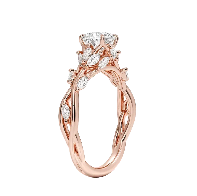 Anillo de compromiso personalizado Secret Garden de oro rosa de 10 quilates con diamante redondo de laboratorio de 1 quilate (peso total), talla D, pureza VVS1-VS1, certificado por IGI.-3