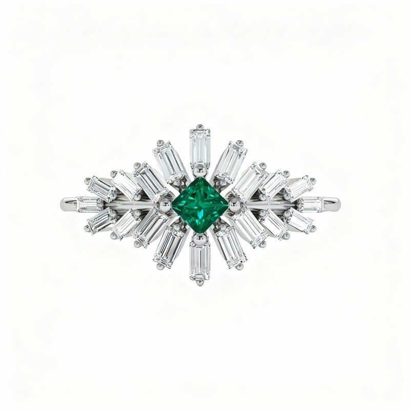 Platine plaqué Or Blanc 0,56 CTW Bague de Fiançailles Personnalisée en Émeraude Créée en Laboratoire Coupe Princesse-1