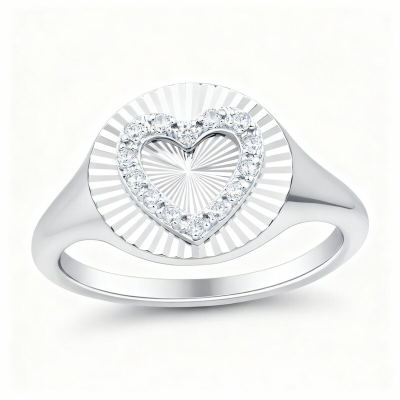 Anillo sello personalizado de oro blanco de 10 quilates con diamantes talla redonda y talla corazón de 1/10 ct, color I, claridad I2, pureza 3EX.-15