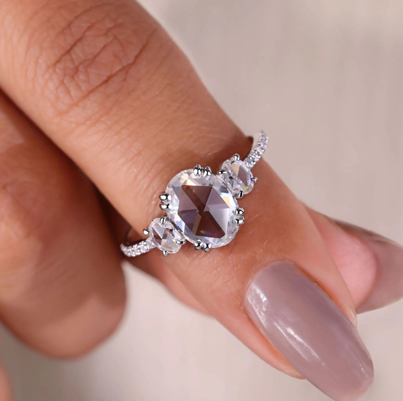 10K White Gold Oval Rose Cut Diamond Three Stone Pavé Engagement Ring D Color VVS-VS Clarity IGI Certified-2